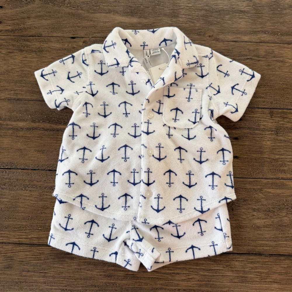 NWT Janie and Jack Baby Boys White Navy Anchor Terry Cabana Short Set 3-6 Months